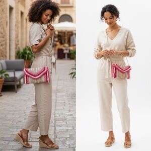 Antik Kraft‎ Boho Fringe Clutch Crossbody Bag | Pink Textured Tribal NWT